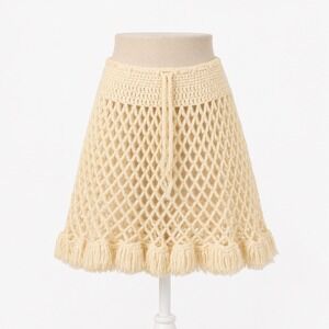 Handmade Crochet Fringe Fishnet Mini Skirt Size XS Tan Boho Festival Beach Indie
